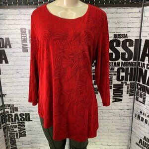 Citiknits XL Red Abstract  Print Crew Neck Diagonal Hem 3/4 Sleeve Top